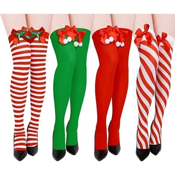 CHRISTMAS Thigh high Socks Red White Stripe Cosplay Stockings with Bow Sexy NWT - Picture 1 of 7